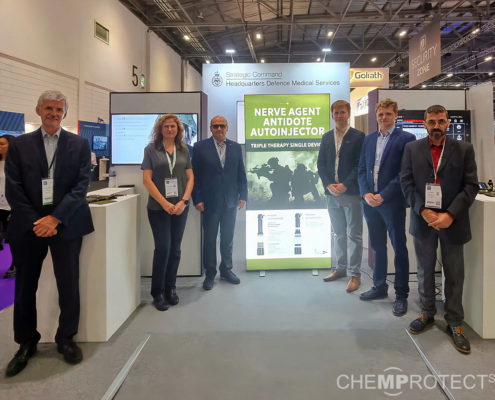 DSEI 2023, From left: A. Wakeford (QPS), D. Rebmann (ChemProtect.SK, Export sales), T. Jedlička (ChemProtect.SK, CEO), R. Wakeford (QPS), K. Jedlička (ChemProtect.SK, Production manager), P. Menzies (UK MOD)